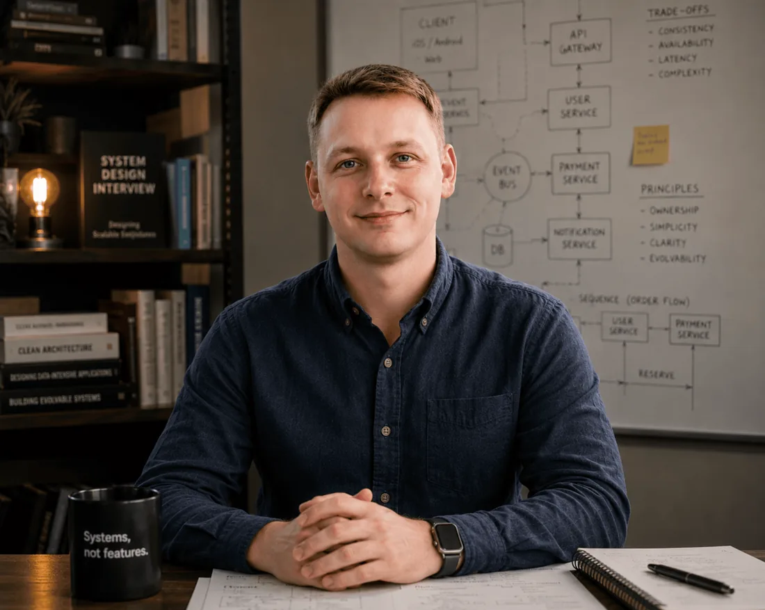 Mike Salari at his desk, with a system design bookshelf and an architecture diagram behind him