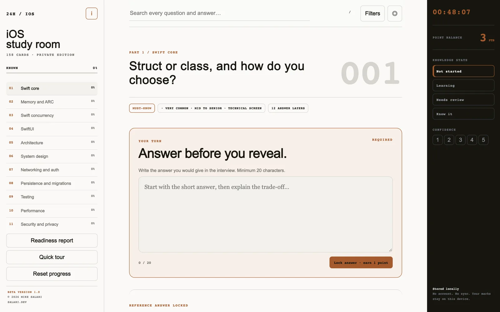 The iOS Study Room: the first card, with the answer box open before the book's answer appears