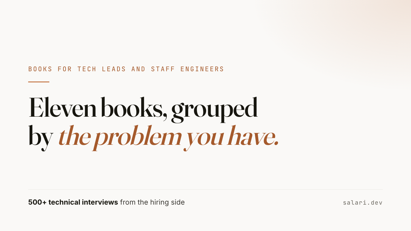 Best books for tech leads and staff engineers, grouped by the problem you have, from the hiring side.