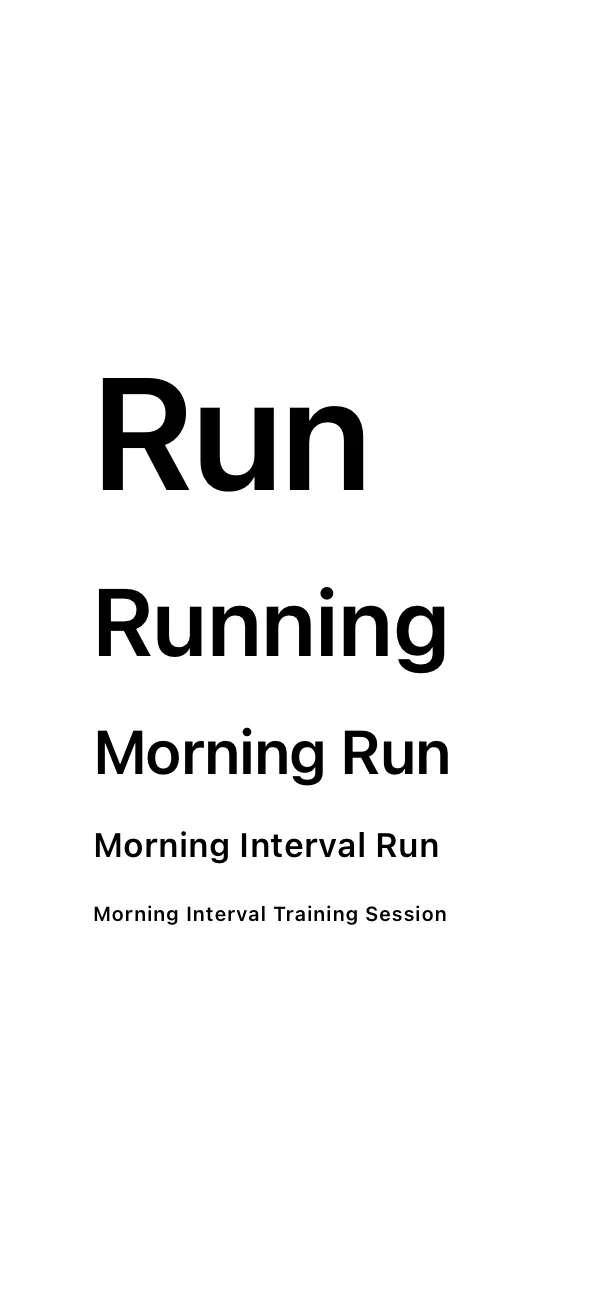 The same five labels with minimum scale factor 0.1: Run stays large and each longer label is drawn smaller, the longest one tiny.
