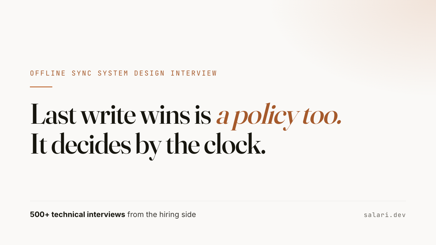 Last write wins is a policy too. It decides by the clock. An offline sync system design answer from the hiring side.
