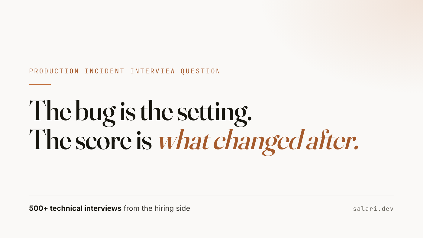 The bug is the setting. The score is what changed after. The production incident interview question, from the hiring side.