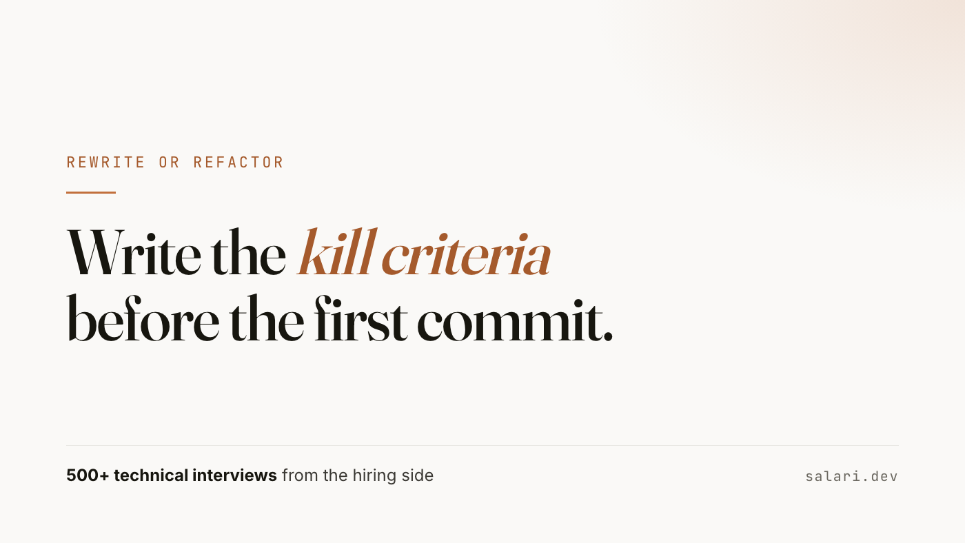 Write the kill criteria before the first commit. Rewrite or refactor a mobile app, from the hiring side.
