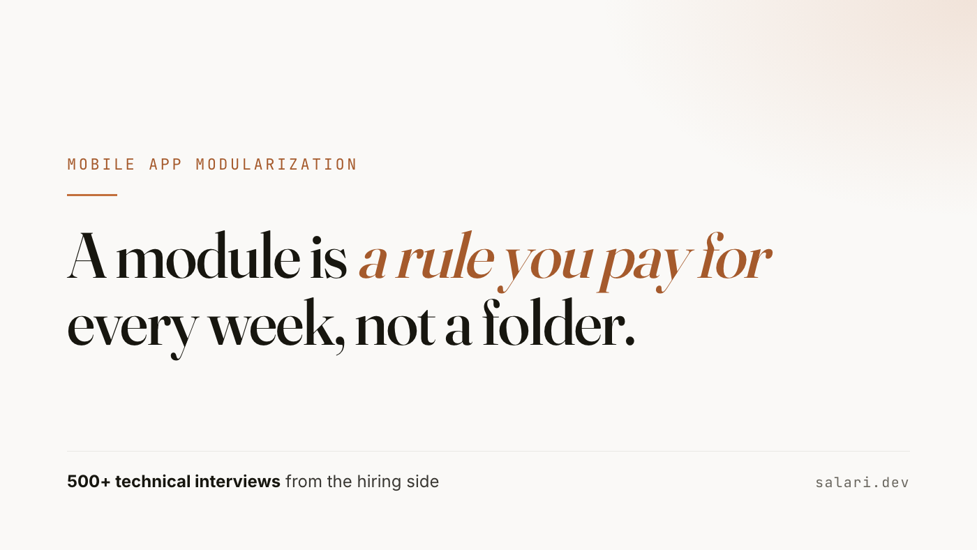 A module is a rule you pay for every week, not a folder. When to modularize a mobile app, from the hiring side.
